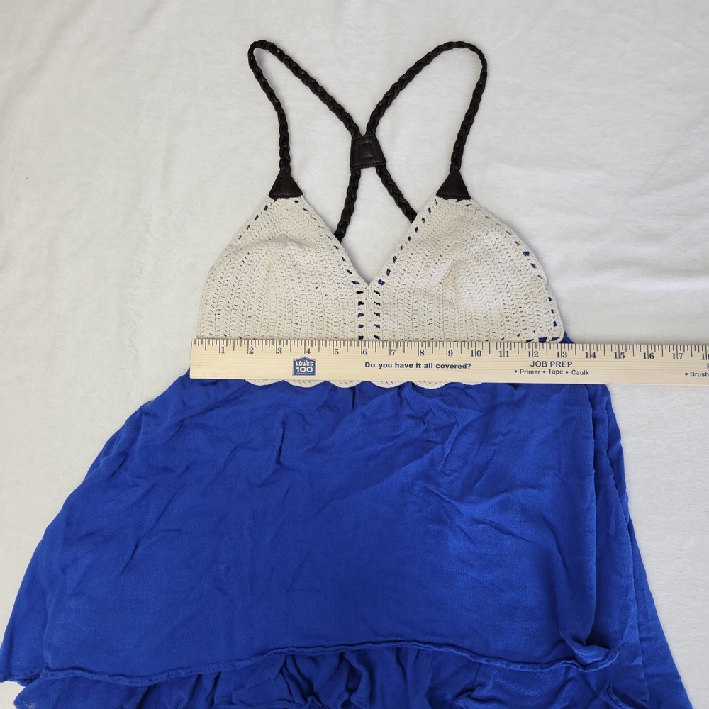 Double Zero Blue & Beige Boho Crochet Ruffled Strappy Tank Top Size S - Picture 3 of 7